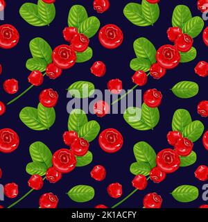 Seamless pattern with red berries and green leaves on a dark background. Background with cowberry for fabric, wallpaper or packaging. Vector Stock Vector