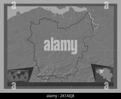 Oost-Vlaanderen, province of Belgium. Bilevel elevation map with lakes and rivers. Corner auxiliary location maps Stock Photo