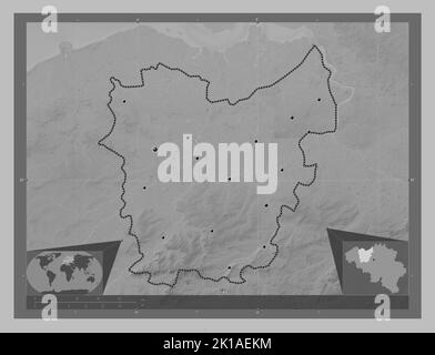 Oost-Vlaanderen, province of Belgium. Grayscale elevation map with lakes and rivers. Locations of major cities of the region. Corner auxiliary locatio Stock Photo