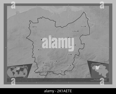 Oost-Vlaanderen, province of Belgium. Grayscale elevation map with lakes and rivers. Locations and names of major cities of the region. Corner auxilia Stock Photo