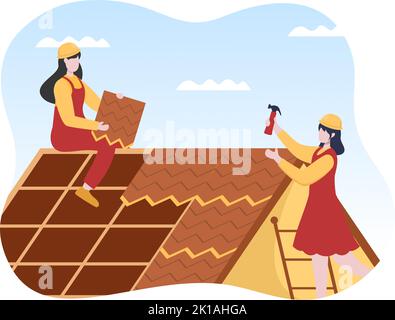 Roofing Construction Workers Template Hand Drawn Cartoon Flat Illustration with Housetop Renovation, Fixing Rooftop Tile House and Roof Reconstruction Stock Vector