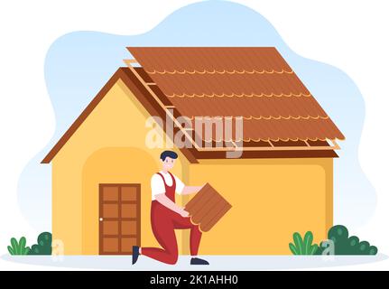 Roofing Construction Workers Template Hand Drawn Cartoon Flat Illustration with Housetop Renovation, Fixing Rooftop Tile House and Roof Reconstruction Stock Vector