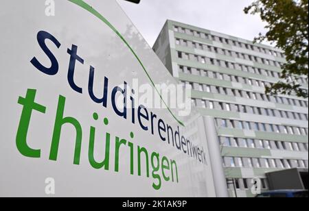 Erfurt, Germany. 16th Sep, 2022. 'Studierendenwerk Thüringen' is written on the sign in front of a student dormitory on Nordhäuser Straße. The Studierendenwerk in Thuringia currently offers around 8,000 places in 71 student residences in Erfurt, Ilmenau, Jena, Schmalkalden and Nordhausen. Credit: Martin Schutt/dpa/Alamy Live News Stock Photo