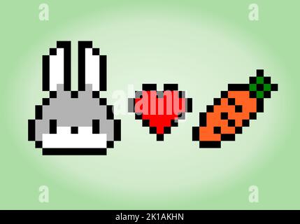 The Pixel 8 bit bunny loves carrots. Animal game assets in vector illustration. Stock Vector