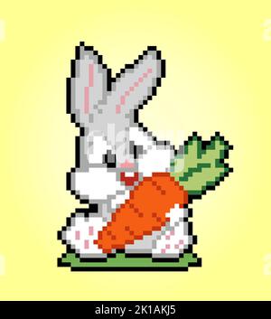 Pixel 8 bit bunny holding a carrot. Animal game assets in vector illustration. Stock Vector