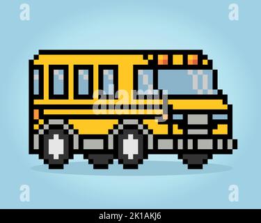 Pixel 8 bit school bus. transportation car for game assets in vector illustration. Stock Vector