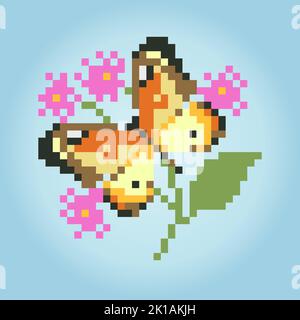 Pixel 8 bit butterfly on flower. Animal for cross stitch in vector illustration. Stock Vector