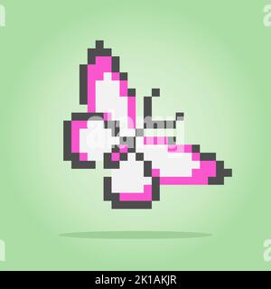 Pixel 8 bit butterfly. Animal for game assets in vector illustration. Stock Vector