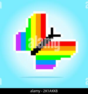 Pixel 8 bit rainbow colored butterfly. Animals for cross stitch in vector illustration. Stock Vector