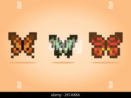 Pixel 8 bit set butterfly. Animal for game assets in vector illustration. Stock Vector