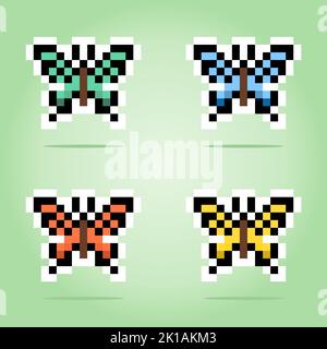 Pixel 8 bit set butterfly. Animal for game assets in vector illustration. Stock Vector