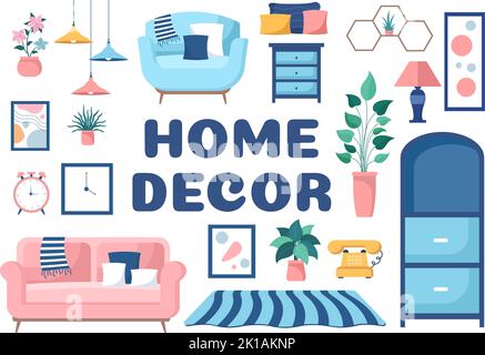 Home Decor Template Hand Drawn Cartoon Illustration The set of Furniture and Living Room Interior in Flat Style Design Stock Vector