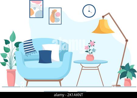 Home Decor Template Hand Drawn Cartoon Illustration The set of Furniture and Living Room Interior in Flat Style Design Stock Vector