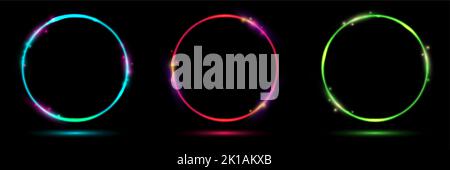 Set of glowing neon color circles round curve shape with lighting effect isolated on black background technology concept. Circular light frame border. Stock Vector