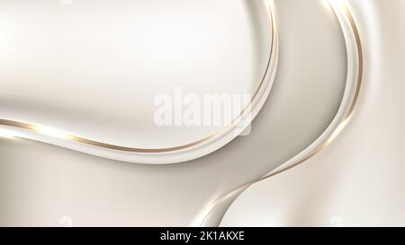 Abstract 3D luxury template brown satin fabric with gold wave lines and lighting effect on white background. Vector illustration Stock Vector