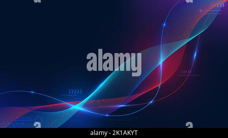 Abstract technology digital futuristic blue and red flowing dynamic wave lines with lighting effect and arrow geometric elements decoration on dark ba Stock Vector