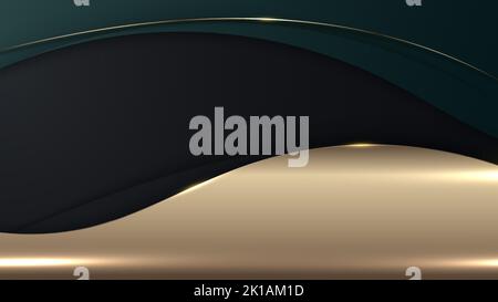 Abstract 3D luxury green color wave lines with shiny golden curved line decoration and glitter lighting on black background. Vector illustration Stock Vector