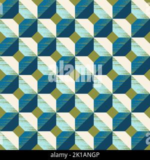 Geometric regular seamless pattern of squares and rhombuses in blue-green, yellow-green, cream and light blue. Design for wallpaper, wrapping products, textiles, fabrics. Stock Vector