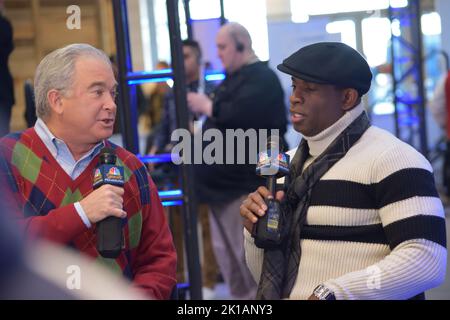 NFL Hall of Fame athlete Deion Sanders participates in media row at Mall of America in Bloomington, Minnesota, during the week of Super Bowl LII. Stock Photo