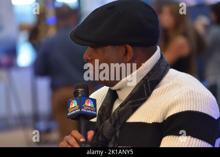 NFL Hall of Fame athlete Deion Sanders participates in media row at Mall of America in Bloomington, Minnesota, during the week of Super Bowl LII. Stock Photo