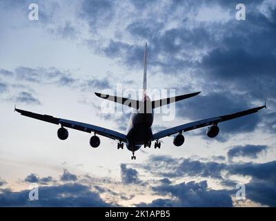 Richmond, British Columbia, Canada. 16th Sep, 2022. British Airways Airbus A380 jetliner (G-XLEA) lands at twilight, Vancouver International Airport. (Credit Image: © Bayne Stanley/ZUMA Press Wire) Credit: ZUMA Press, Inc./Alamy Live News Stock Photo