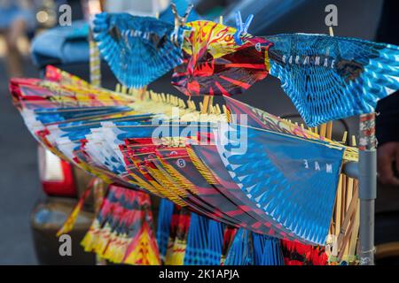 CAMERON HIGHLAND, MALAYSIA - Sep 16, 2022 Birds kite made from plastics for sale at the local market. Stock Photo