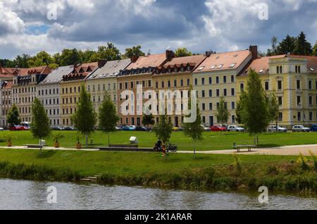 Houses on the bank of the Neisse River in Görlitz, Germany Stock Photo