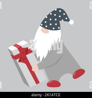 Cute little gnome in a hat with a gift. Vector isolated clipart. Stock Vector
