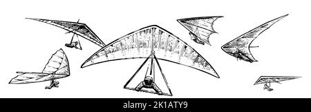 Set of flying hang gliders. Hand drawn outline sketch. Isolated on white background. Vector. Stock Vector