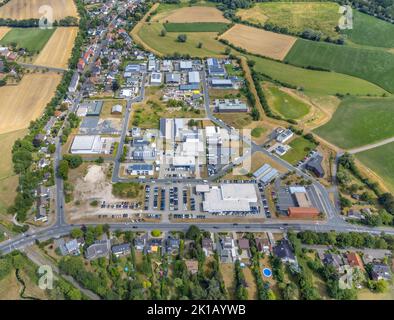Aerial view, Hohefeld industrial park, in the triangle Hohefeldweg, Herbert-Rust-Weg and Soester Straße, Uentrop, Hamm, Ruhr area, North Rhine-Westpha Stock Photo