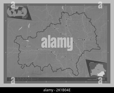 Homyel', region of Belarus. Grayscale elevation map with lakes and rivers. Locations and names of major cities of the region. Corner auxiliary locatio Stock Photo