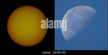 London, UK. 17 September 2022. Morning blue sky and Autumnal temperatures in the capital. Composite image of the sun with sunspots and moon captured minutes apart. Credit: Malcolm Park/Alamy Live News Stock Photo