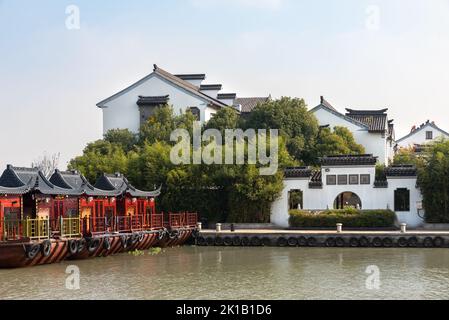 Painted boat at Wansan Pier, Zhouzhuang, Suzhou, China Stock Photo