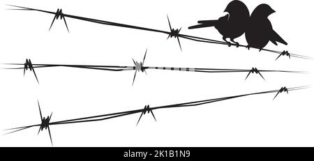 Birds couple on barbed wire illustration isolated on white background, vector. Minimalist black and white art design, artwork. Stock Vector