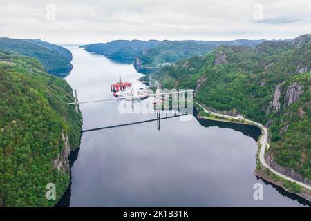 Aerial view of the Fedafjorden bru bridge crossing a fjord in Norway Stock Photo