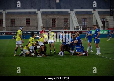 Scrum for Carcassonne during the French championship Pro D2 rugby union match between RC Vannes and US Carcassonne on September16, 2022 at La Rabine stadium in Vannes, France - Photo Damien Kilani / DK Prod / DPPI Stock Photo