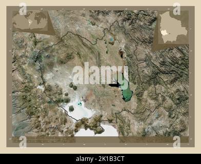 Oruro, department of Bolivia. High resolution satellite map. Locations of major cities of the region. Corner auxiliary location maps Stock Photo