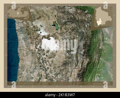 Potosi, department of Bolivia. High resolution satellite map. Locations and names of major cities of the region. Corner auxiliary location maps Stock Photo