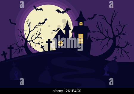 a scary house on a hill against the background of the full moon and bats of trees and graves with the hands of the dead