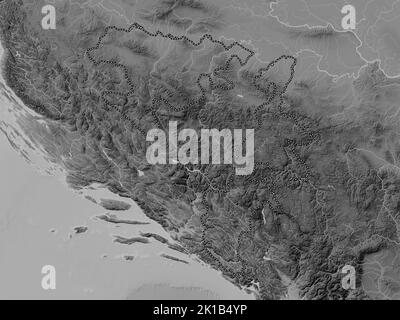 Repuplika Srpska, entity of Bosnia and Herzegovina. Grayscale elevation map with lakes and rivers Stock Photo