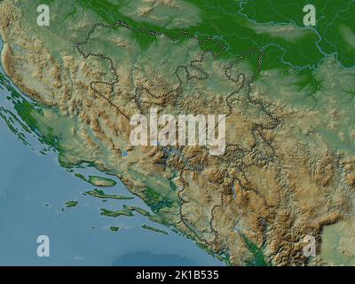 Repuplika Srpska, entity of Bosnia and Herzegovina. Colored elevation map with lakes and rivers Stock Photo