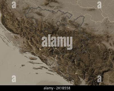 Repuplika Srpska, entity of Bosnia and Herzegovina. Elevation map colored in sepia tones with lakes and rivers Stock Photo