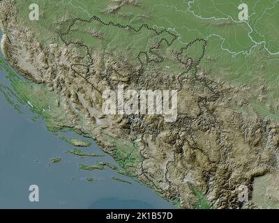Repuplika Srpska, entity of Bosnia and Herzegovina. Elevation map colored in wiki style with lakes and rivers Stock Photo