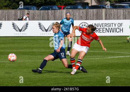Crayford, UK. 28th Aug, 2022. Crayford, England, August 28th 2022: Lucy Fitzgerald (17 London City Lionesses) and Angela Addison (11 Charlton Athletic) in action during the Barclays FA Womens Championship game between Charlton Athletic and London City Lionesses at The Oakwood, Crayford, England. (Dylan Clinton/SPP) Credit: SPP Sport Press Photo. /Alamy Live News Stock Photo