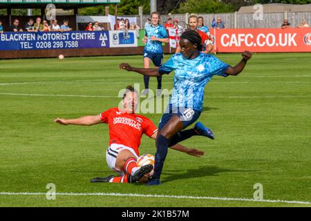 Crayford, UK. 28th Aug, 2022. Crayford, England, August 28th 2022: Hannah Godfrey (25 Charlton Athletic) tackling Karin Muya (16 London City Lionesses) during the Barclays FA Womens Championship game between Charlton Athletic and London City Lionesses at The Oakwood in Crayford, England. (Dylan Clinton/SPP) Credit: SPP Sport Press Photo. /Alamy Live News Stock Photo