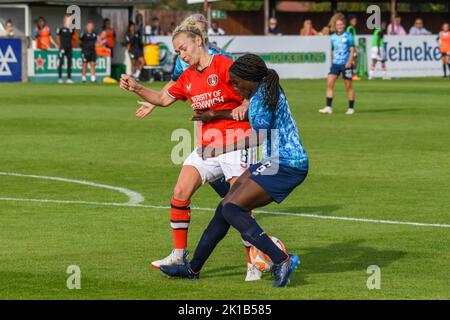 Crayford, UK. 28th Aug, 2022. Crayford, England, August 28th 2022: Emily Simpkins (8 Charlton Athletic) and Karin Muya (16 London City Lionesses) in action during the Barclays FA Womens Championship game between Charlton Athletic and London City Lionesses at The Oakwood in Crayford, England. (Dylan Clinton/SPP) Credit: SPP Sport Press Photo. /Alamy Live News Stock Photo