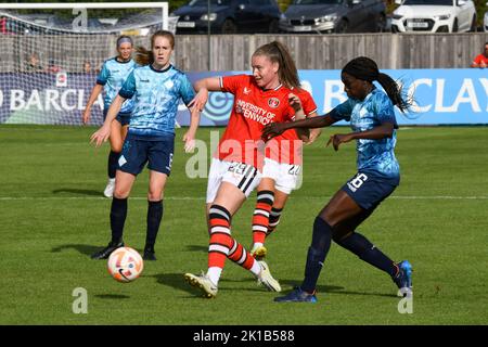 Crayford, UK. 28th Aug, 2022. Crayford, England, August 28th 2022: Mia Ross (29 Charlton Athletic) and Karin Muya (16 London City Lionesses) in action during the Barclays FA Womens Championship game between Charlton Athletic and London City Lionesses at The Oakwood in Crayford, England. (Dylan Clinton/SPP) Credit: SPP Sport Press Photo. /Alamy Live News Stock Photo