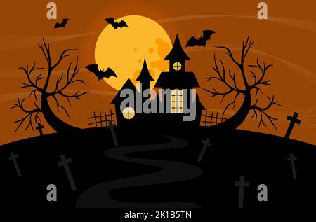 Silhouette of a house on a hill against the backdrop of a full moon of trees and bats house on a cemetery