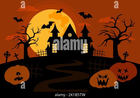 scary house against a cloudy sky with a full moon and bats grave crosses and pumpkins Stock Vector