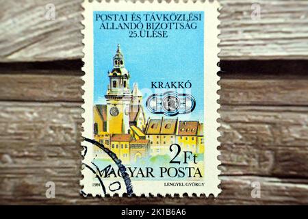 Cairo, Egypt, August 15 2022: Old used postage stamp printed in Magyar Hungary,  Meeting of the permanent commission for posts and telecommunications Stock Photo